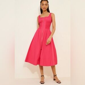Anthropologie Tommie Cap-Sleeve Smocked Front-Zip Midi Shirt Dress-Azalea Pink